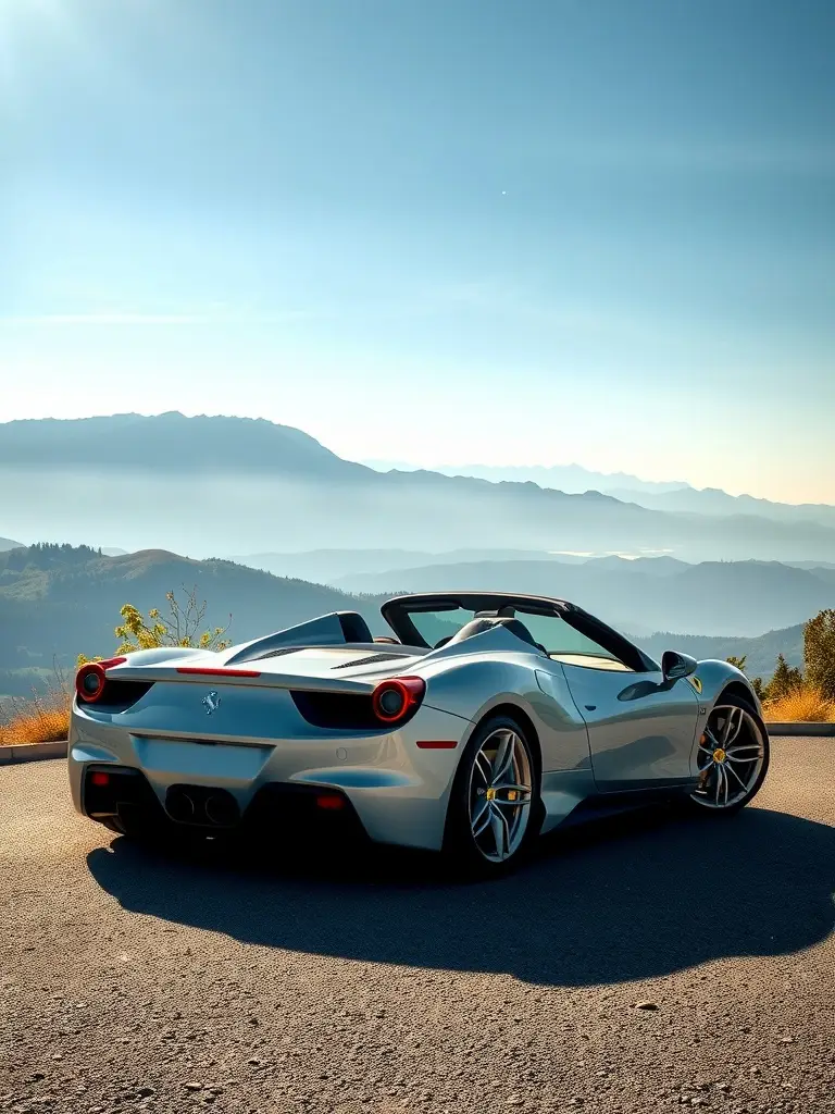 Ferrari 458 Spider parked with mountains in the background under a clear sky.