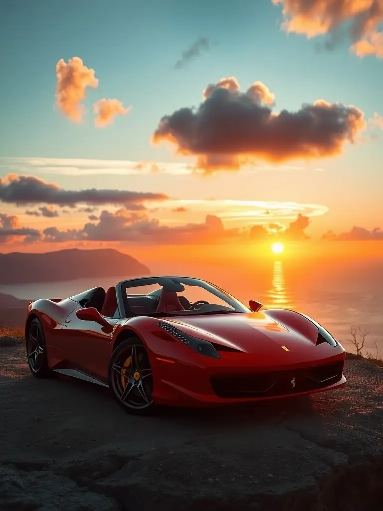 Ferrari 458 Spider parked on a scenic overlook with a sunset in the background.