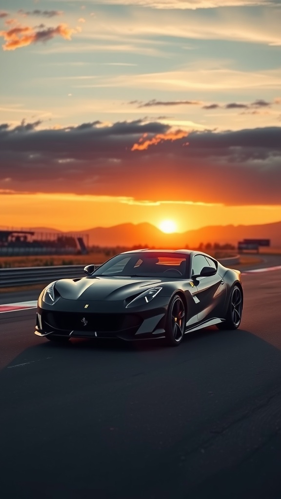 Ferrari 812 Superfast parked on a track during sunset