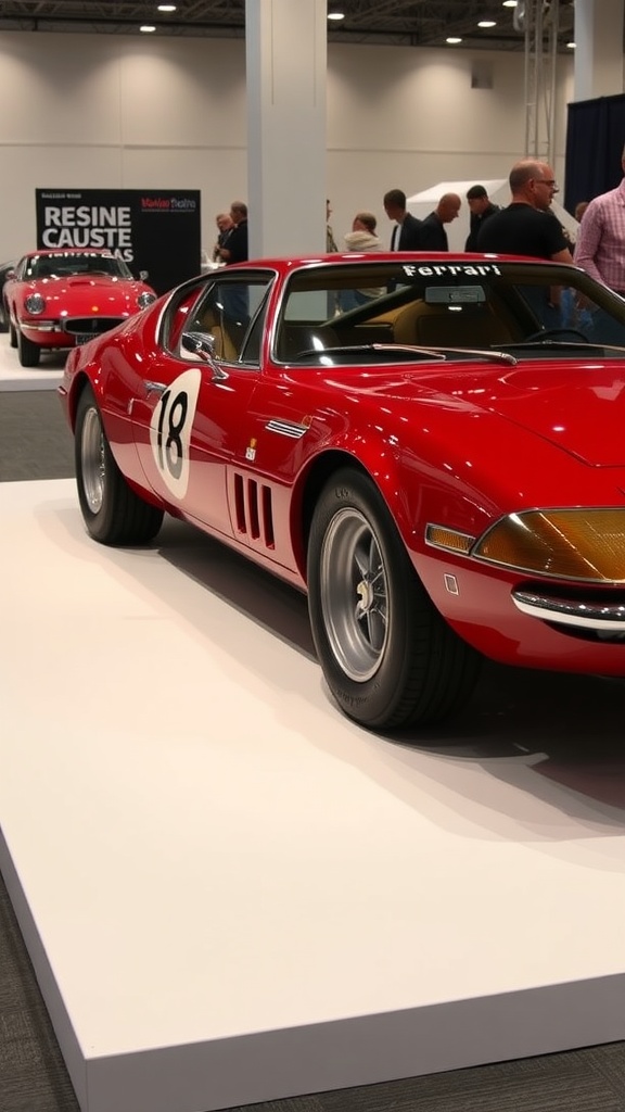 A red Ferrari Daytona SP3 displayed at an exhibition.