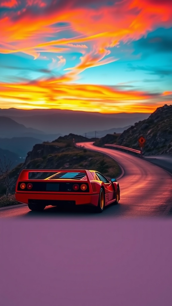 Ferrari F40 parked on a mountain lane during sunset with colorful sky.