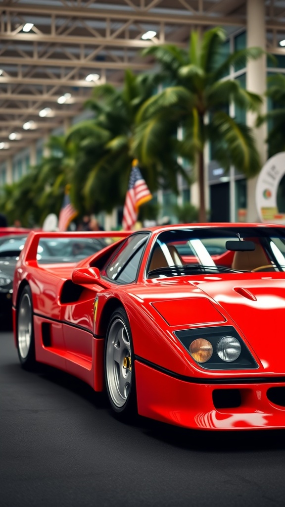 Ferrari F40 in red at a car show with people admiring it.