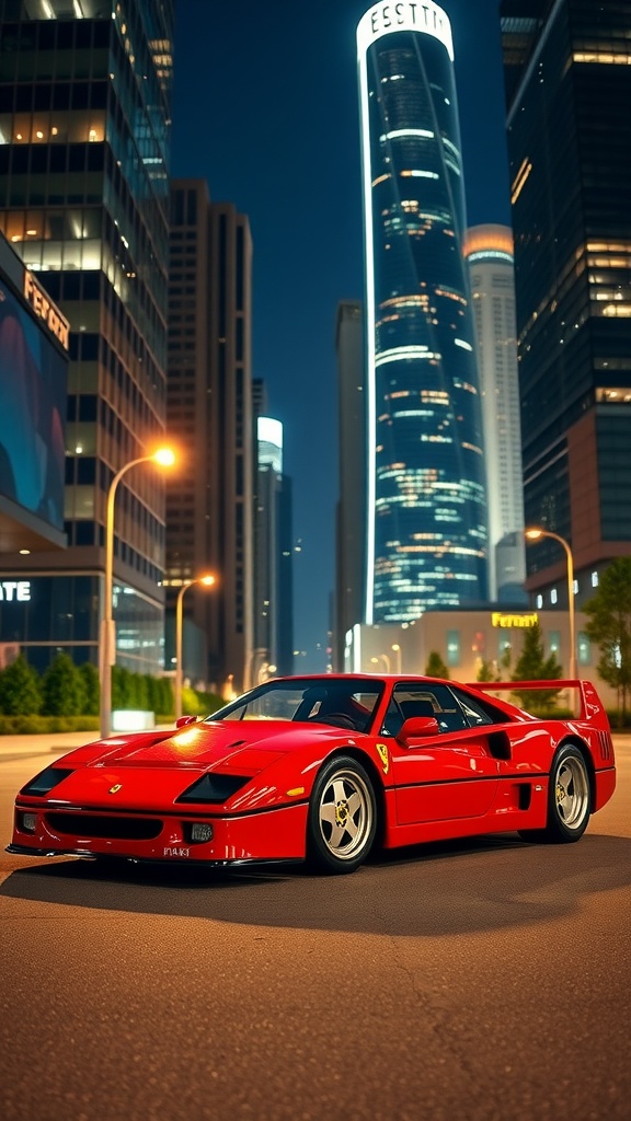 Ferrari F40 parked in a city at night with skyscrapers and neon lights.