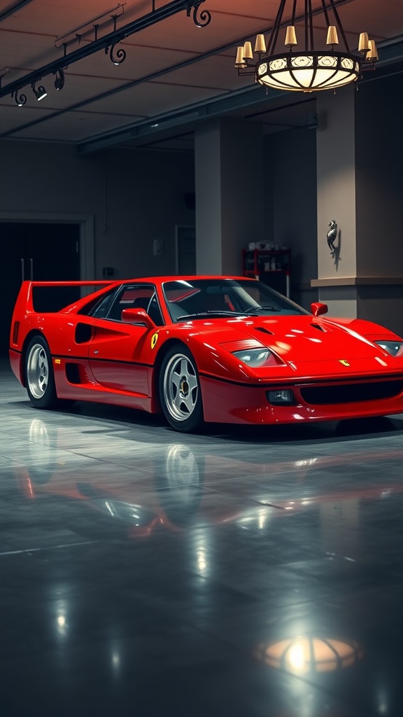 Ferrari F40 parked in a luxury garage with bright lights