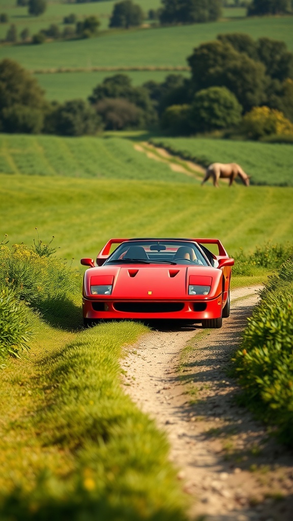 Ferrari F40 driving on a dirt path in the countryside with green fields and a horse in the background.