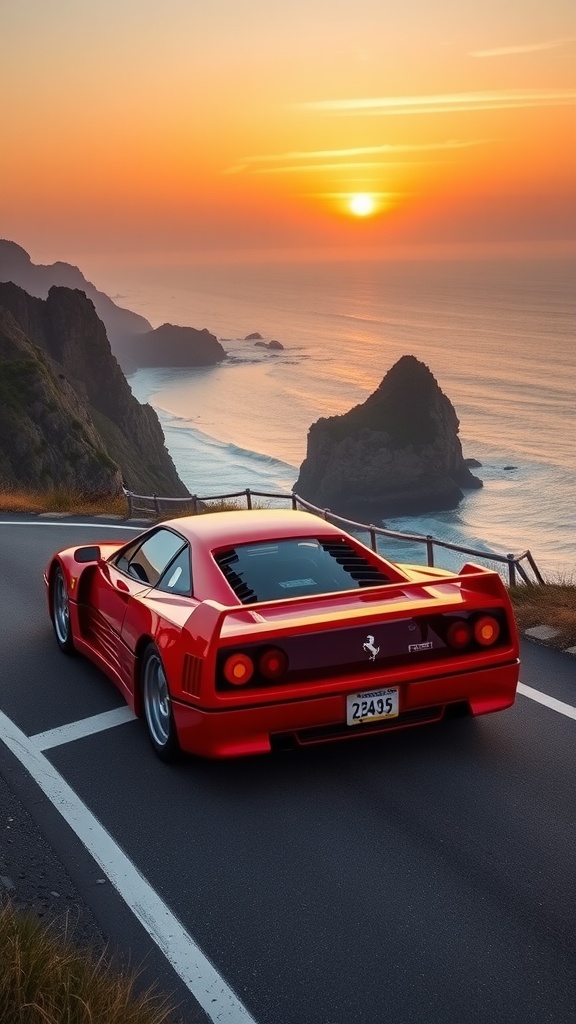 A red Ferrari F40 parked on a coastal cliff road with a sunset view.