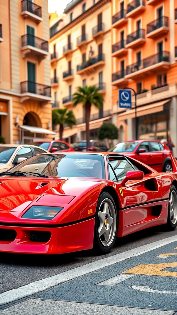 Ferrari F40 in red parked on a street in Monaco with palm trees and a yacht in the background.