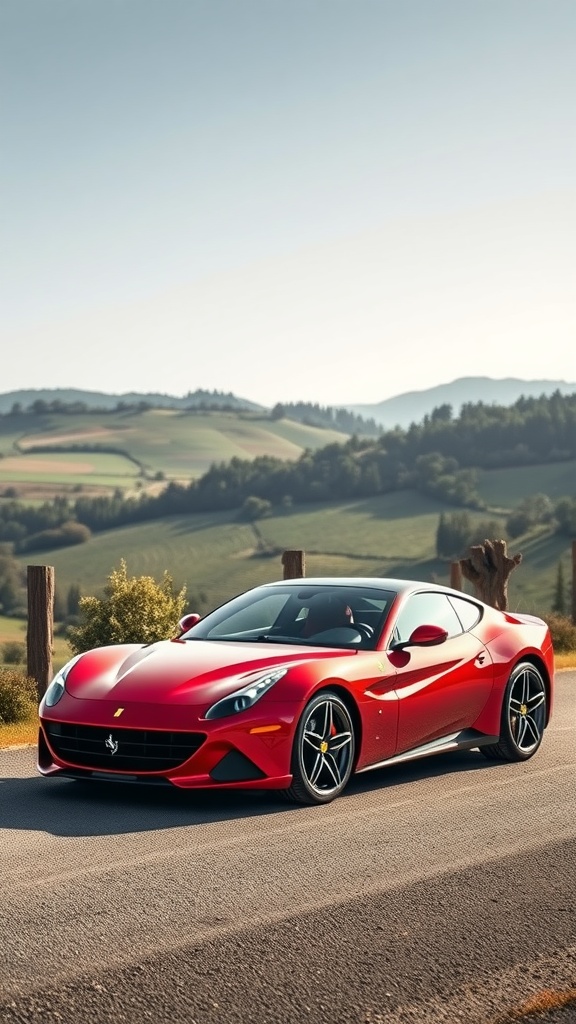 Ferrari Roma parked on a scenic road with hills in the background