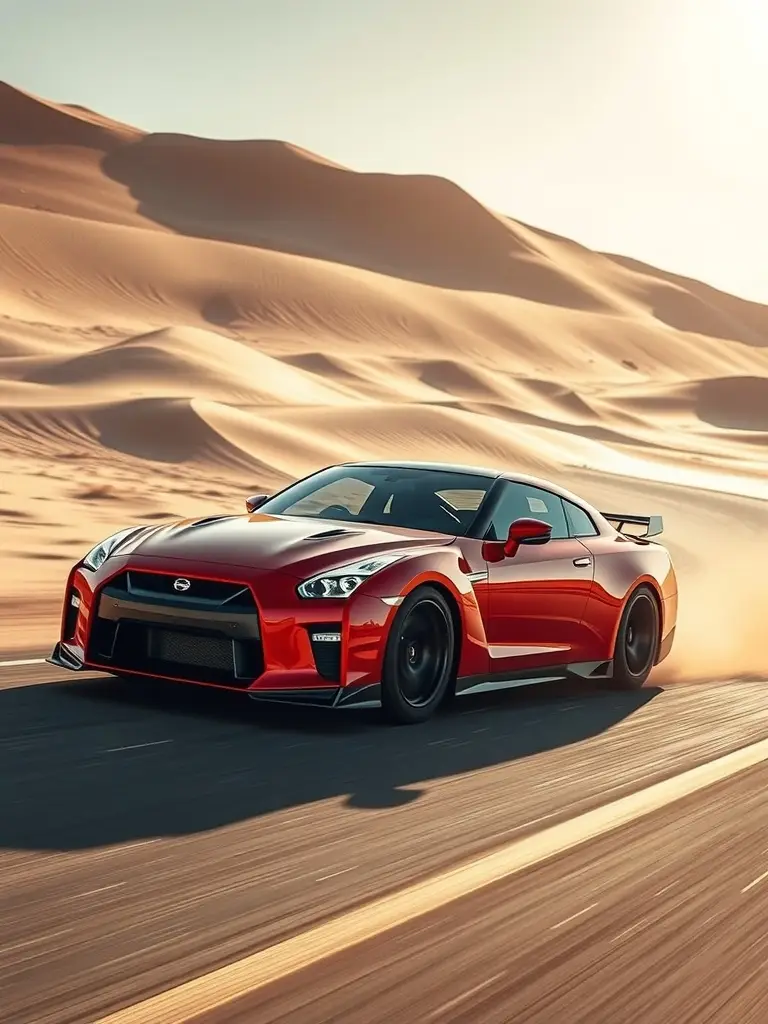 A red Nissan GTR driving on a sandy desert road.