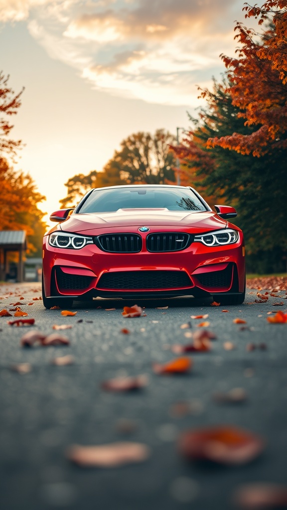 A fiery red BMW M4 parked among colorful autumn leaves.