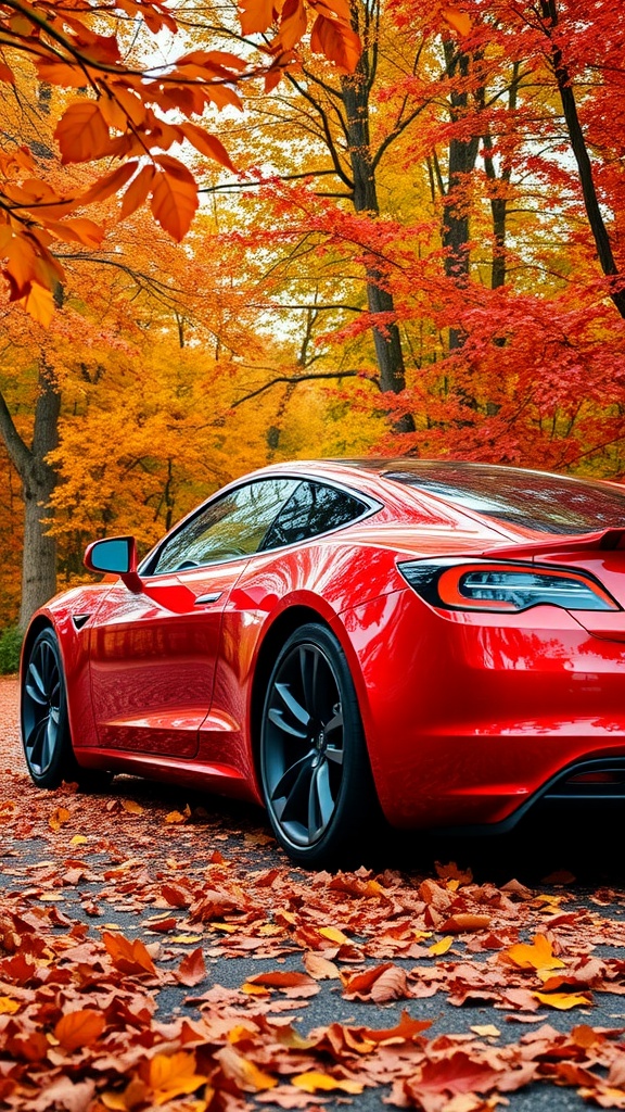 A red Tesla Roadster parked on a road covered with autumn leaves, surrounded by trees with colorful foliage.