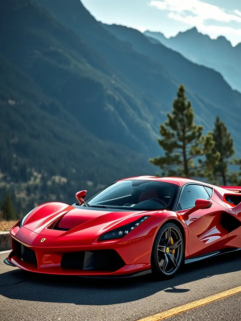 A Ferrari SF90 in red parked on a mountain pass with rocky terrain and majestic mountains in the background.