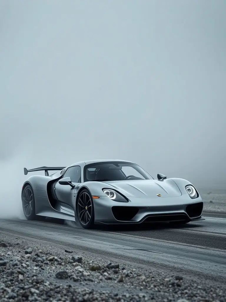 A Porsche 918 Spyder displayed in a foggy setting, showcasing its sleek design and matching paint job.