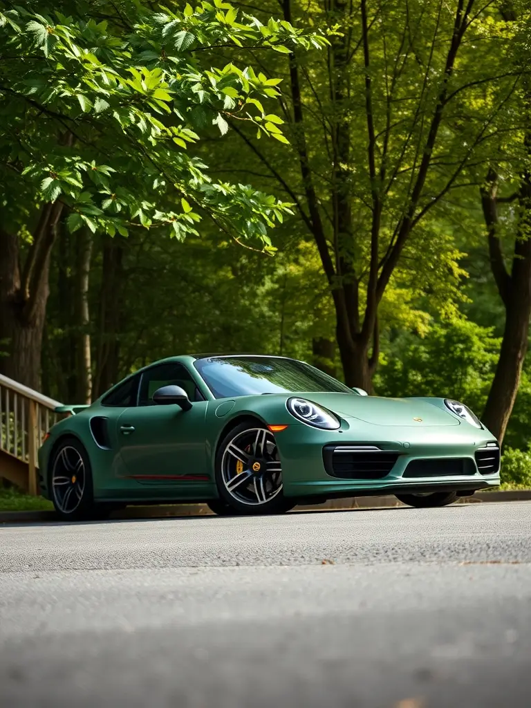 Porsche 911 Turbo S with a forest green matte finish parked in a green forest setting.