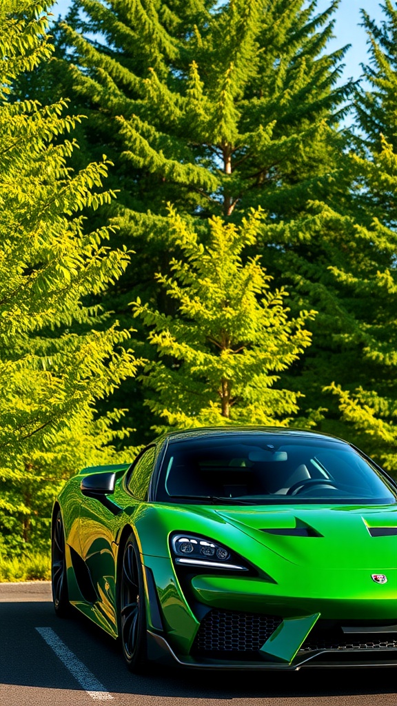 Forest Green Zenvo TSR-S parked amidst lush green trees