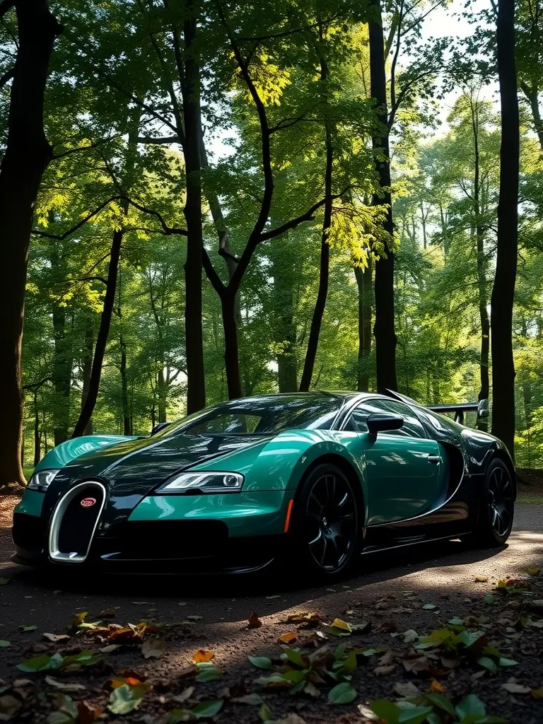 Bugatti Veyron Super Sport in emerald green parked in a forest setting