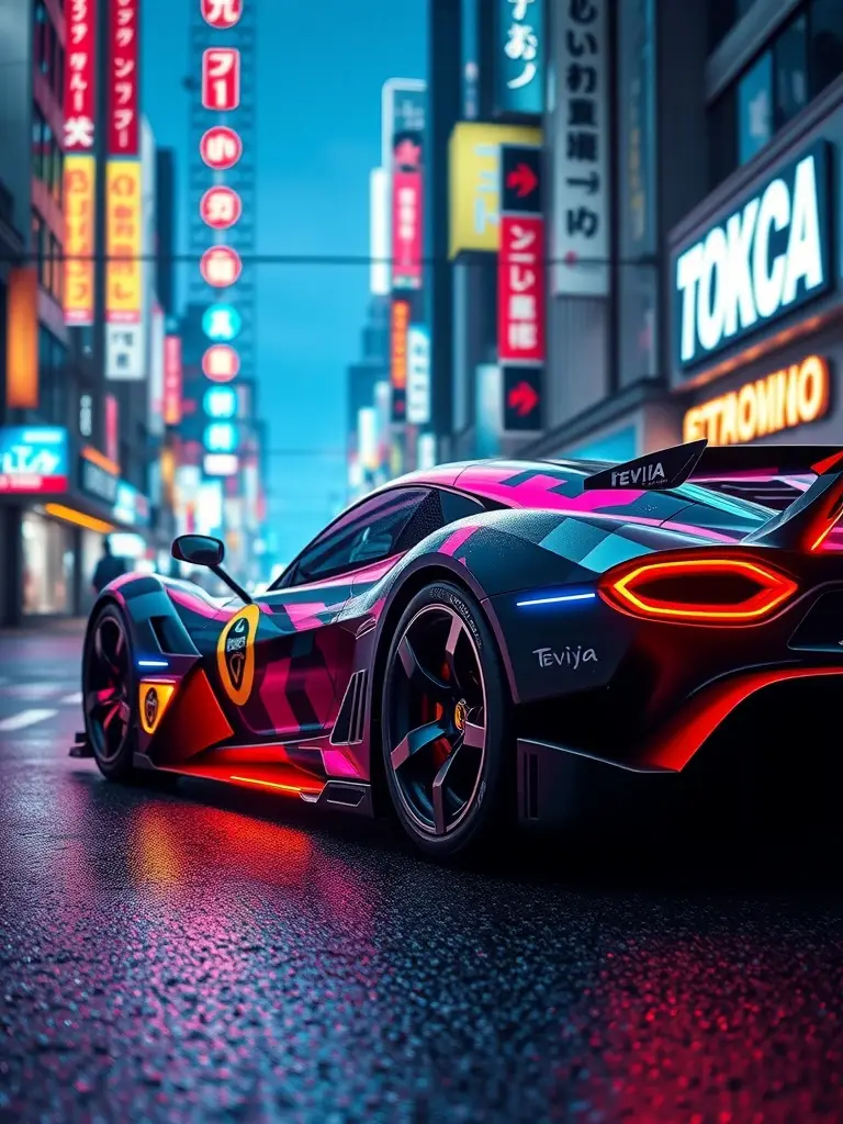 Lotus Evija in a futuristic cyberpunk setting with neon lights and wet streets.
