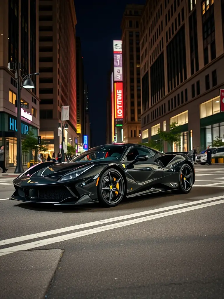 A glossy black Ferrari SF90 parked in a busy urban street at night, surrounded by bright city lights.