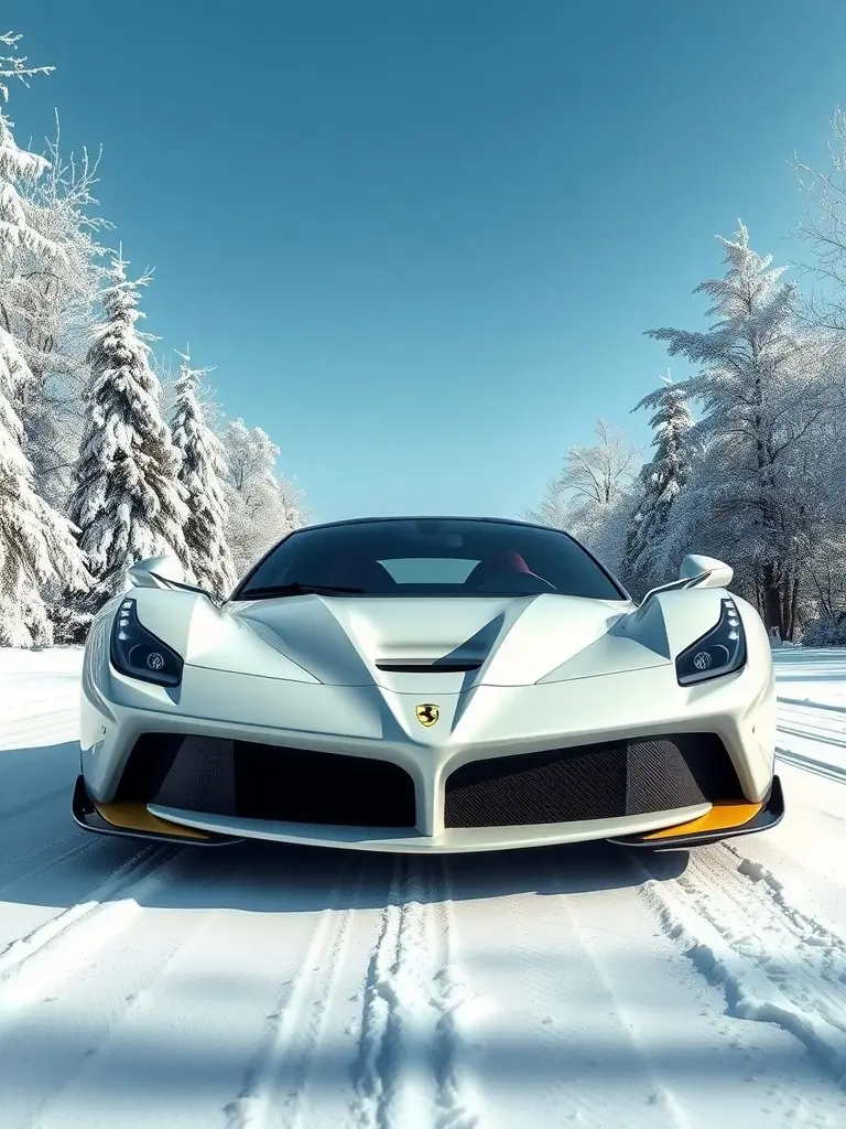 A glossy white LaFerrari parked on a snowy landscape with evergreen trees.