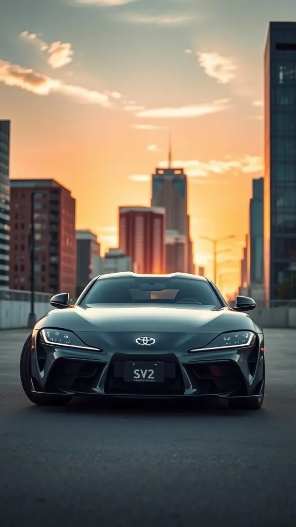 Graphite Gray Toyota Supra parked in an urban downtown area with skyscrapers in the background.