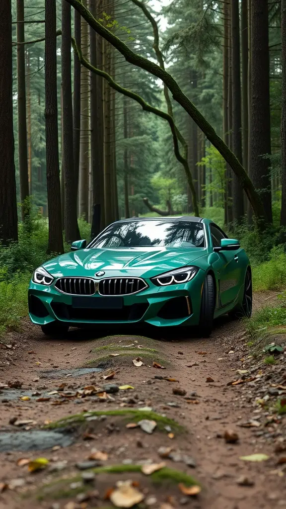 A green BMW Z4 parked on a dirt path in a lush forest.