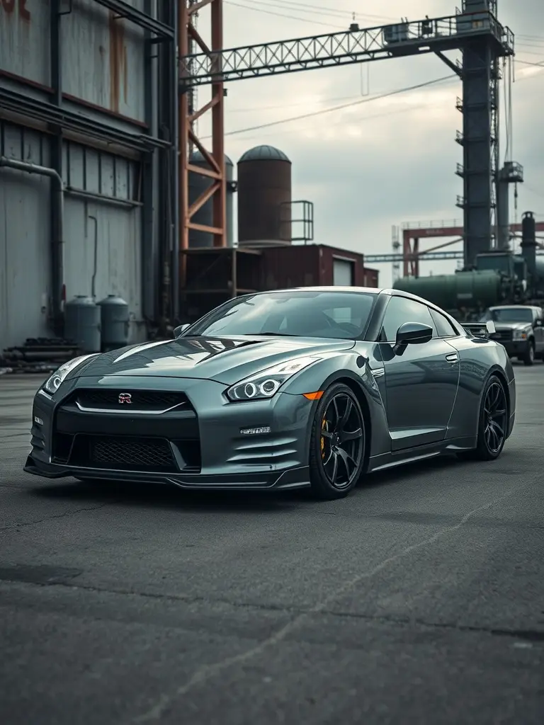 A gunmetal grey Nissan GTR parked in an industrial area with machinery and buildings in the background.