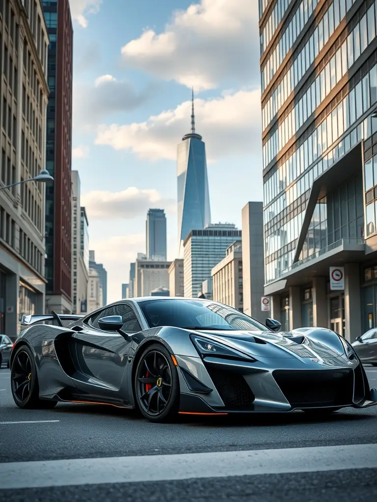 Gunmetal Grey Hennessy Venom F5 driving through an urban city with skyscrapers