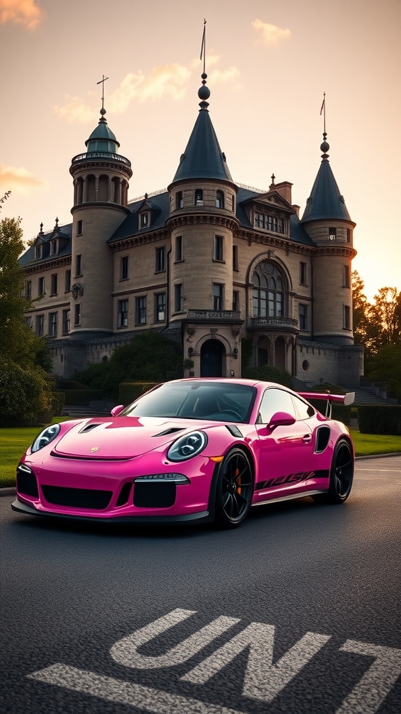 Pink Porsche 911 GT3 RS parked in front of a historic castle at sunset