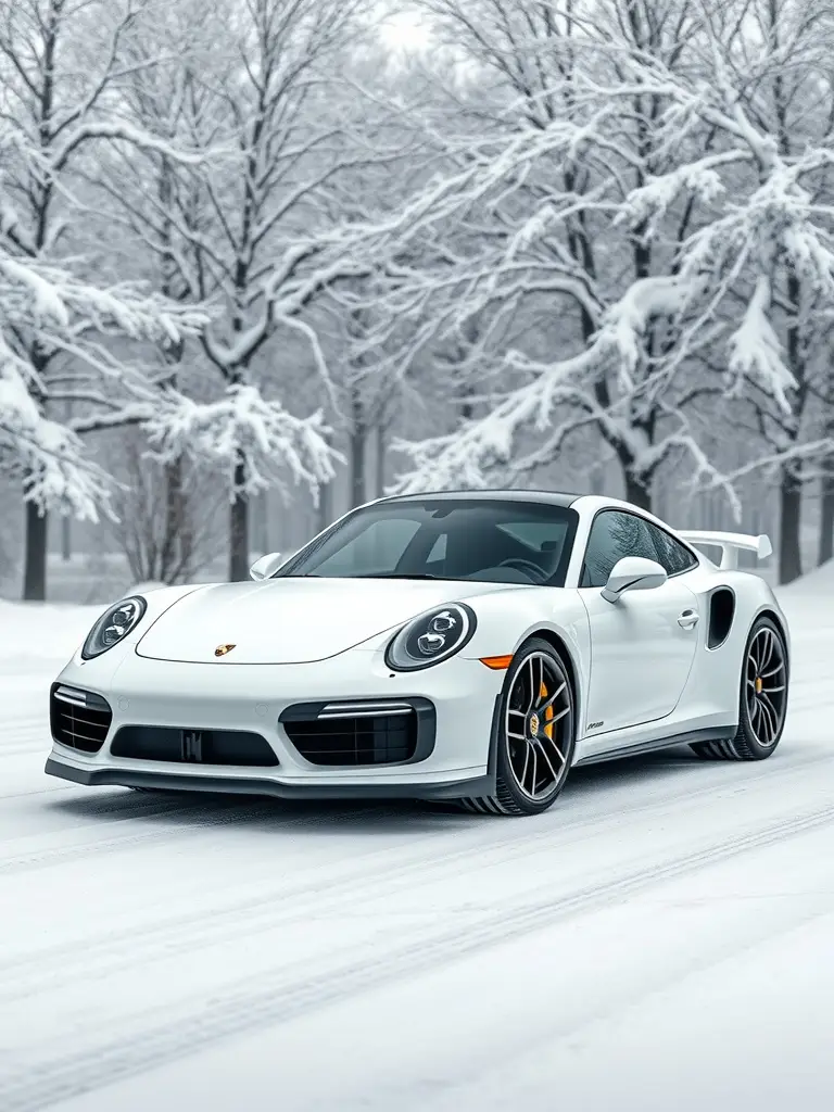 Porsche 911 Turbo S in Ice White Matte parked in a snowy landscape.
