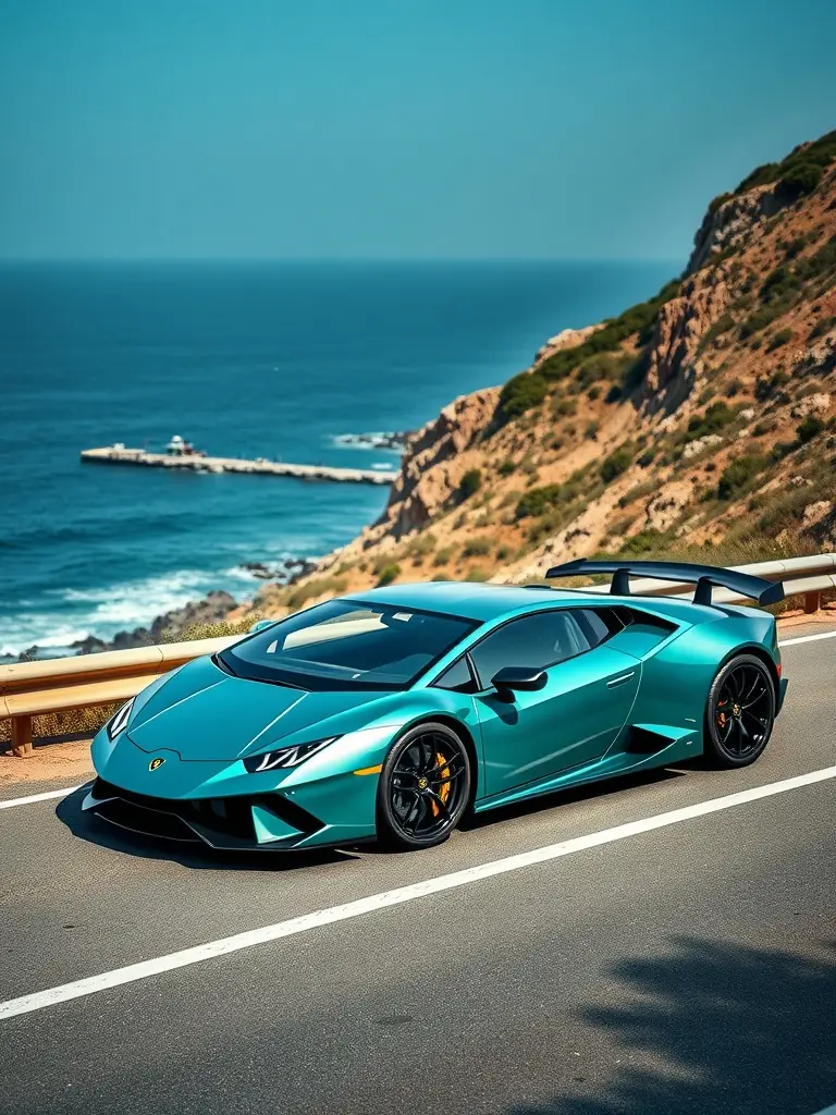 Lamborghini Aventador in metallic teal color parked by the ocean