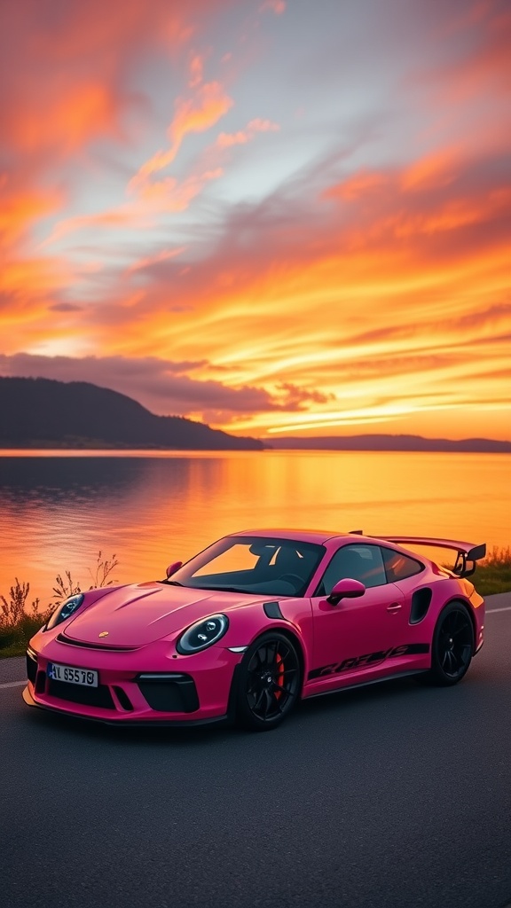 A pink Porsche 911 GT3 RS parked by a serene lake during sunset, with colorful clouds reflecting on the water.