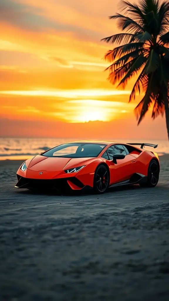 A Lamborghini in sunset orange parked by the ocean with a sunset in the background.