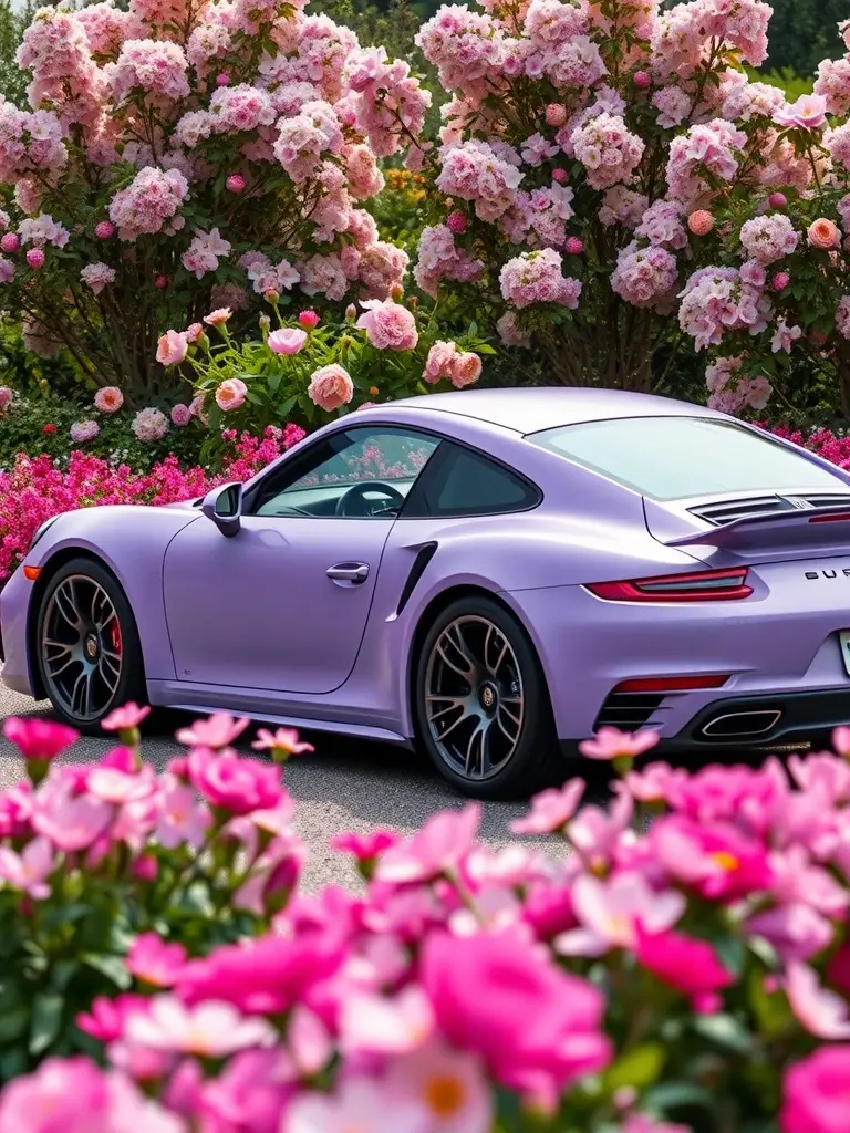 A lavender matte Porsche 911 Turbo S parked among colorful flowers.