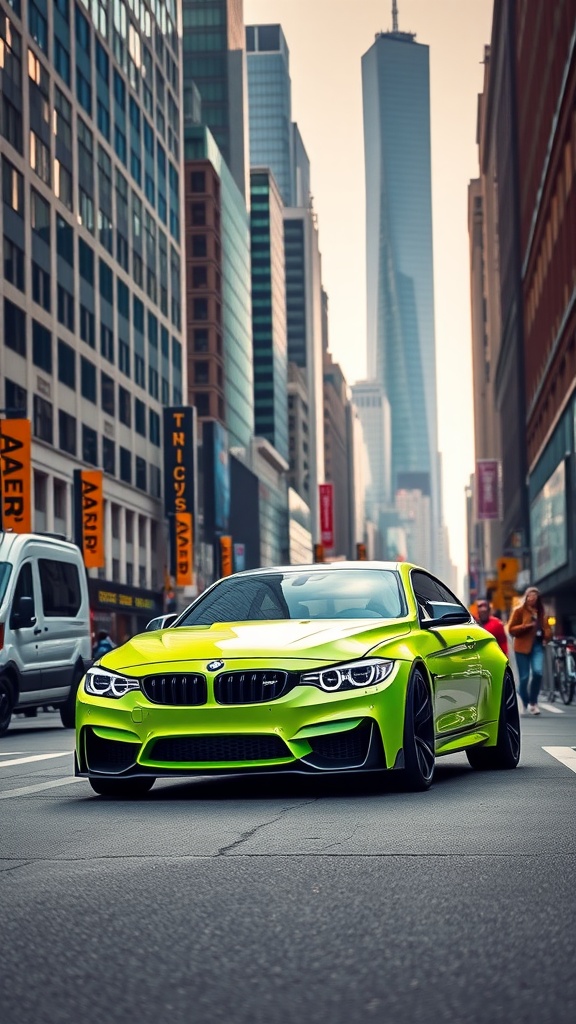 Lime green BMW M4 parked on a busy urban street with skyscrapers in the background.