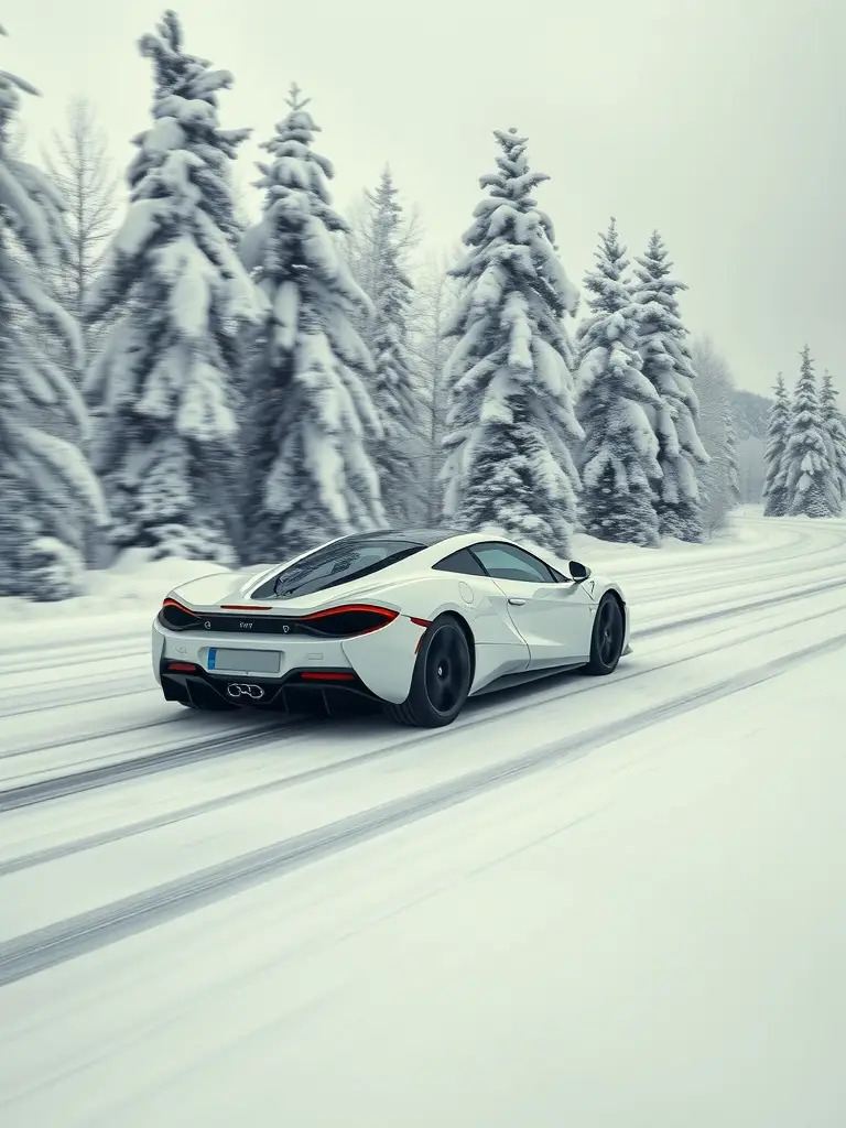 A white McLaren sports car driving through a snow-covered landscape with trees.