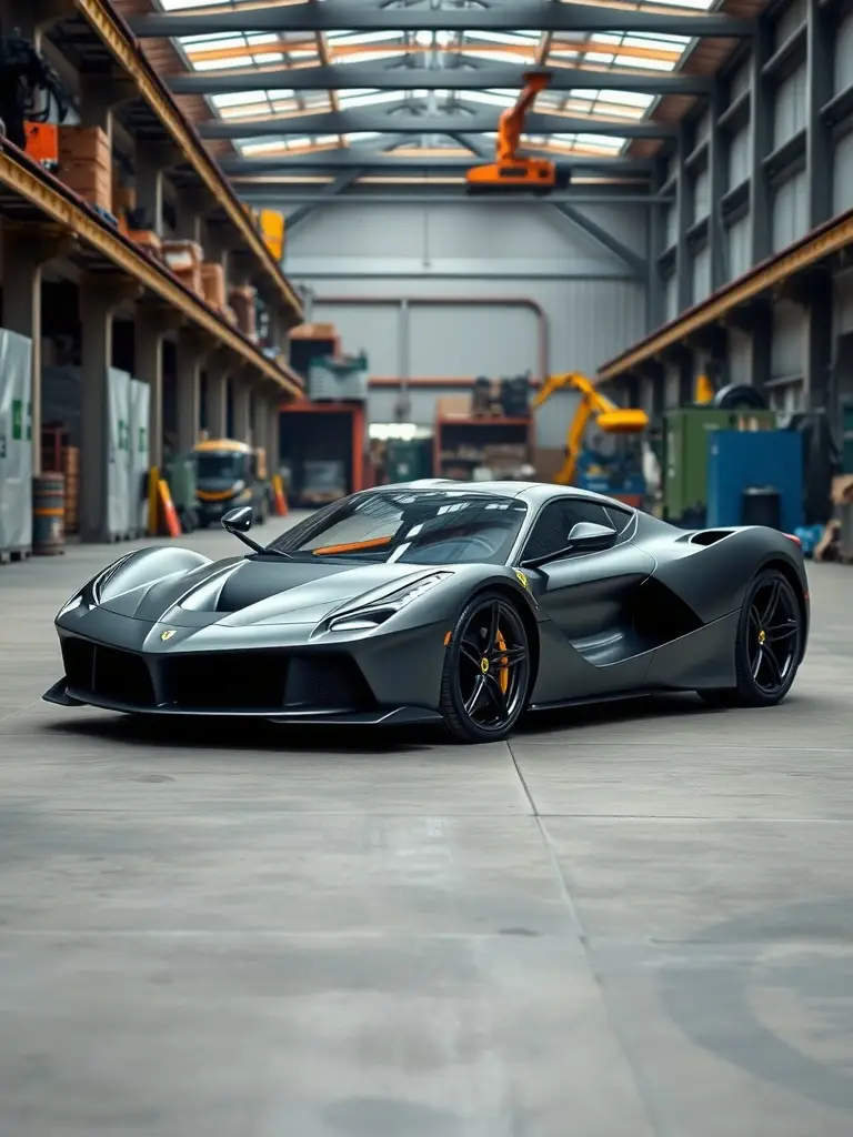 A matte black LaFerrari showcased in an industrial setting, surrounded by machinery and storage.