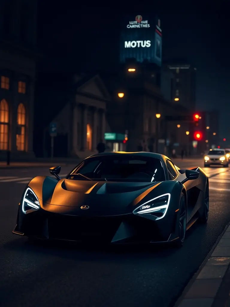 Lotus Evija in matte black finish parked on a city street at night.