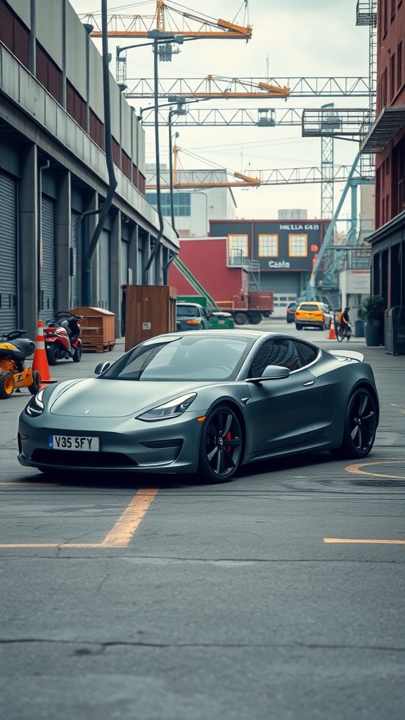 Matte grey Tesla Roadster parked in an industrial area with cranes and buildings in the background.