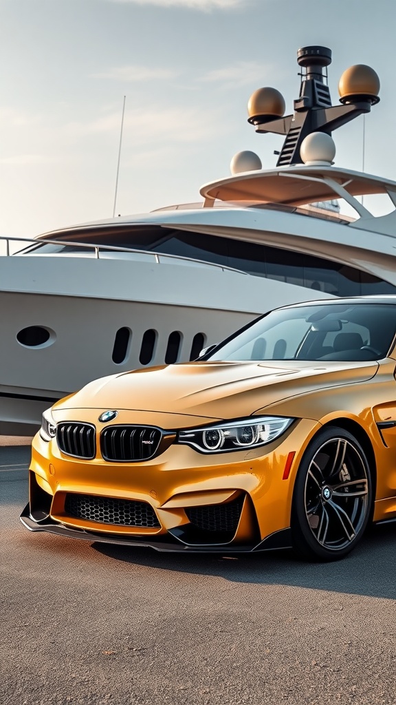 Metallic gold BMW M4 parked near a luxury yacht.