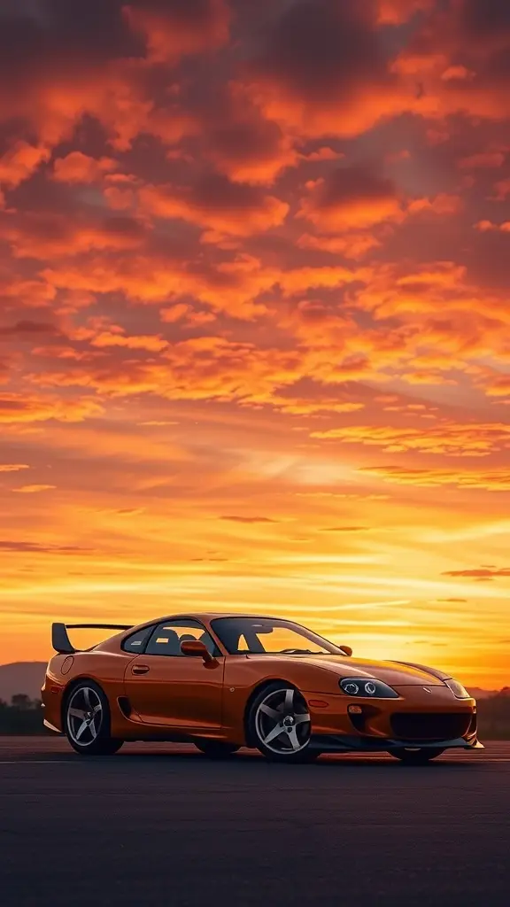 A metallic gold Toyota Supra parked against a sunset background with colorful clouds.
