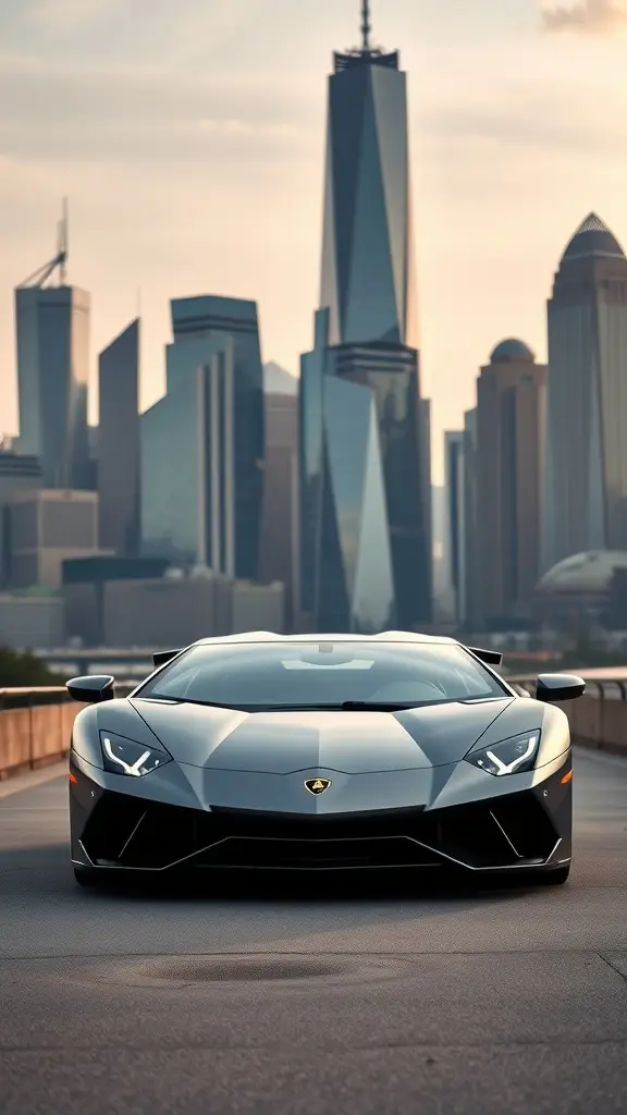 A metallic gray Lamborghini parked in front of a modern city skyline.