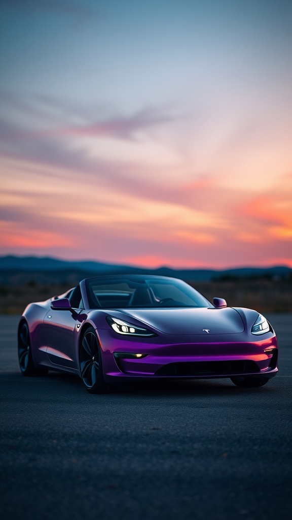 Metallic purple Tesla Roadster parked at twilight with a colorful sky
