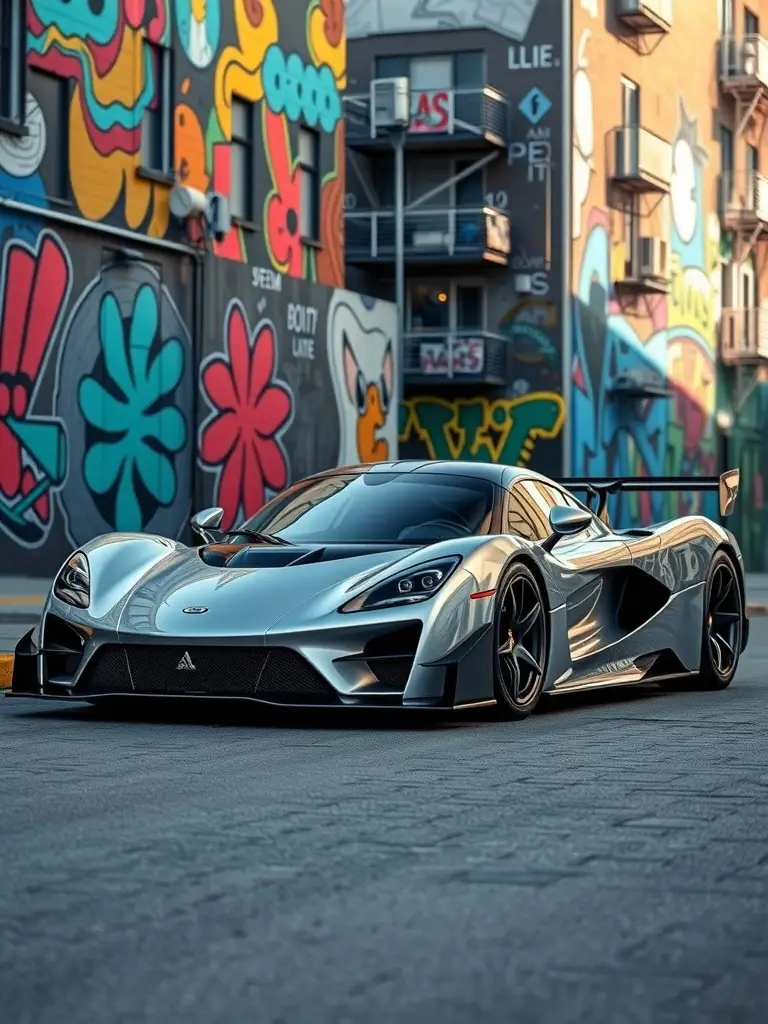 Metallic Silver Hennessy Venom F5 parked in a colorful modern art district