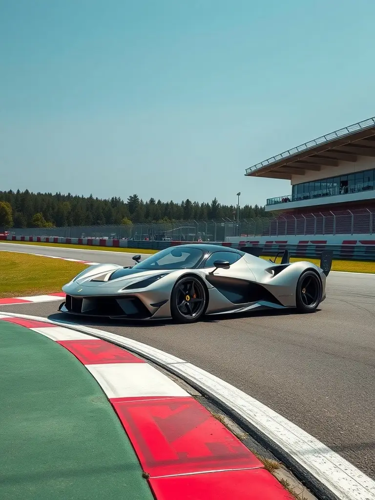 A metallic silver Ferrari SF90 racing on a track with checkered flags in the background.