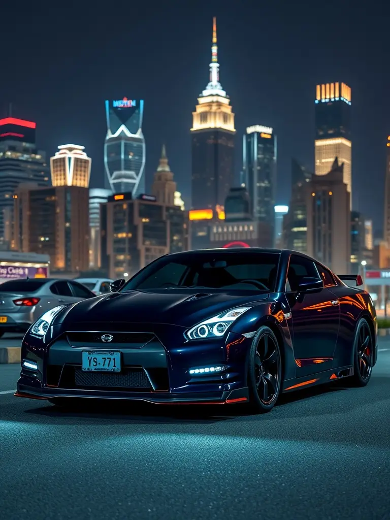 A Midnight Black Nissan GTR parked in front of a vibrant city skyline at night.