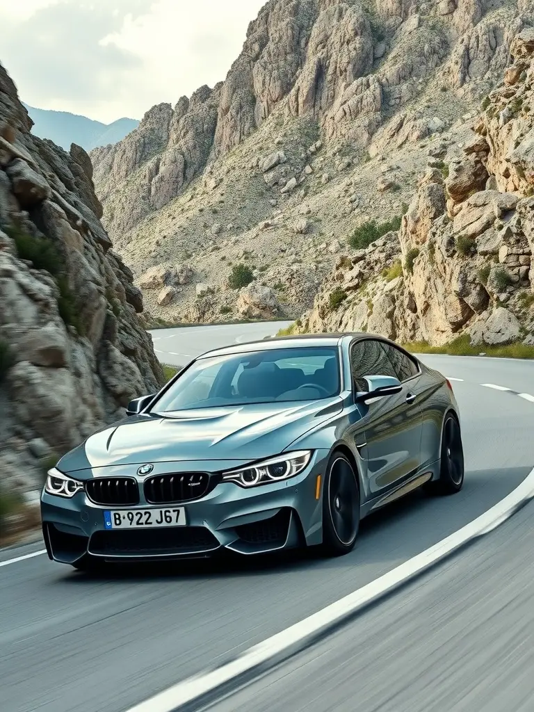 Mineral Grey BMW M3 parked on a winding road in a mountainous terrain