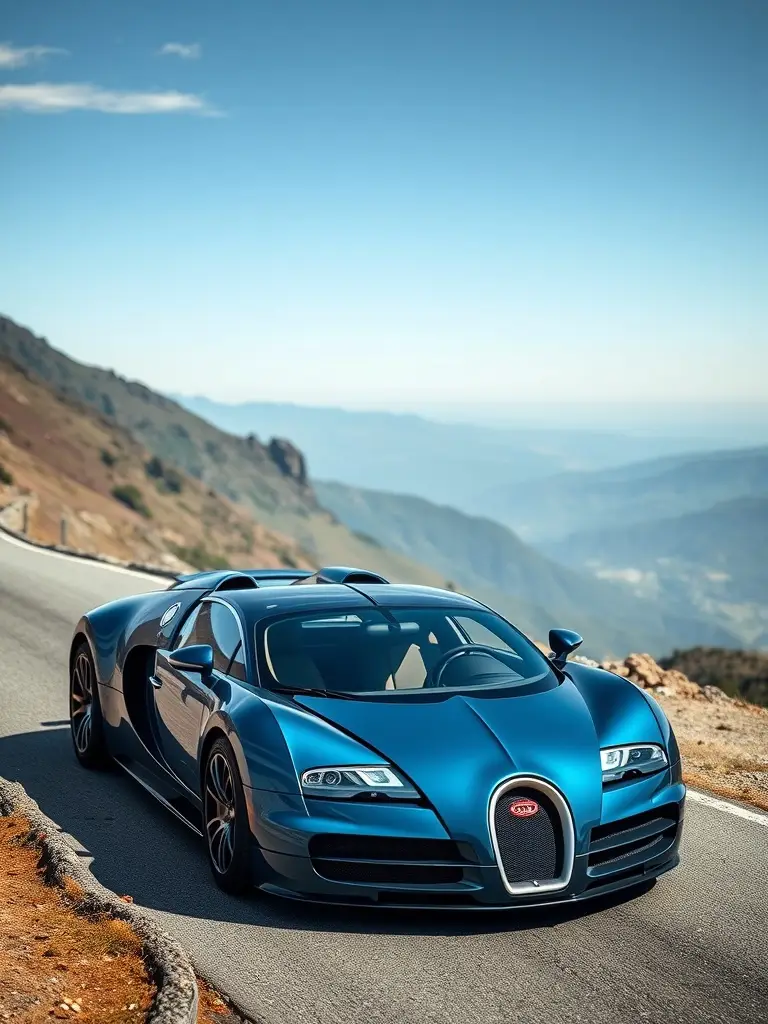 Bugatti Veyron Super Sport in slate blue parked on a mountain road.