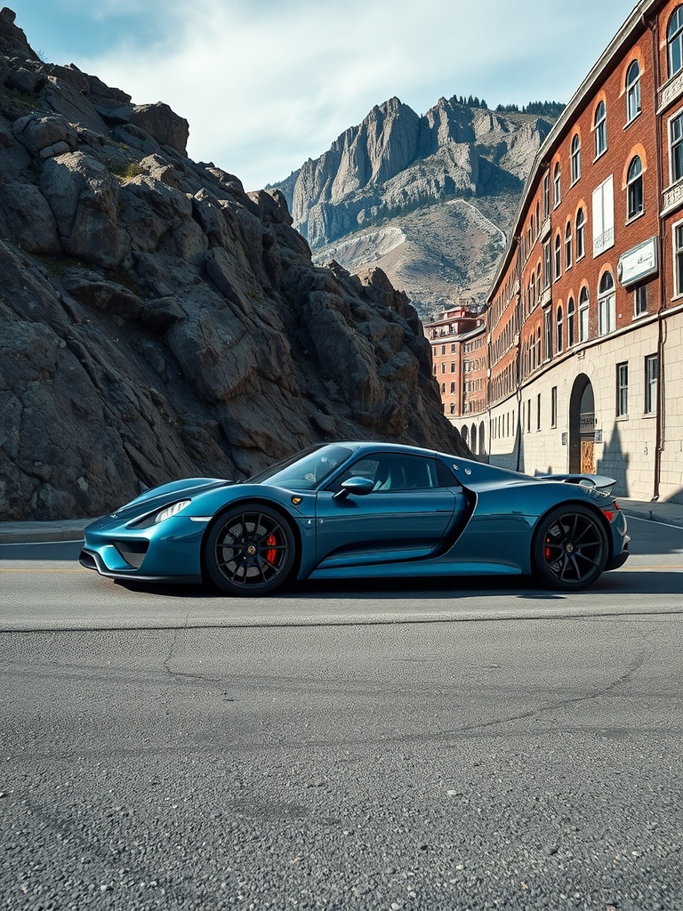Porsche 918 Spyder parked in front of a mountain peak.