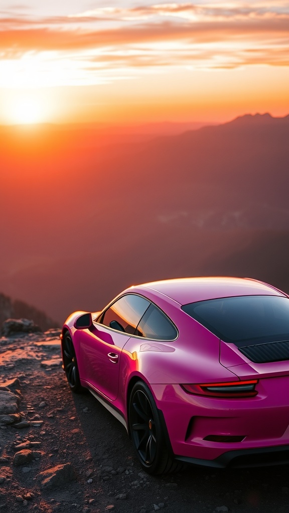 Pink Porsche 911 GT3 RS at a mountain peak during sunset