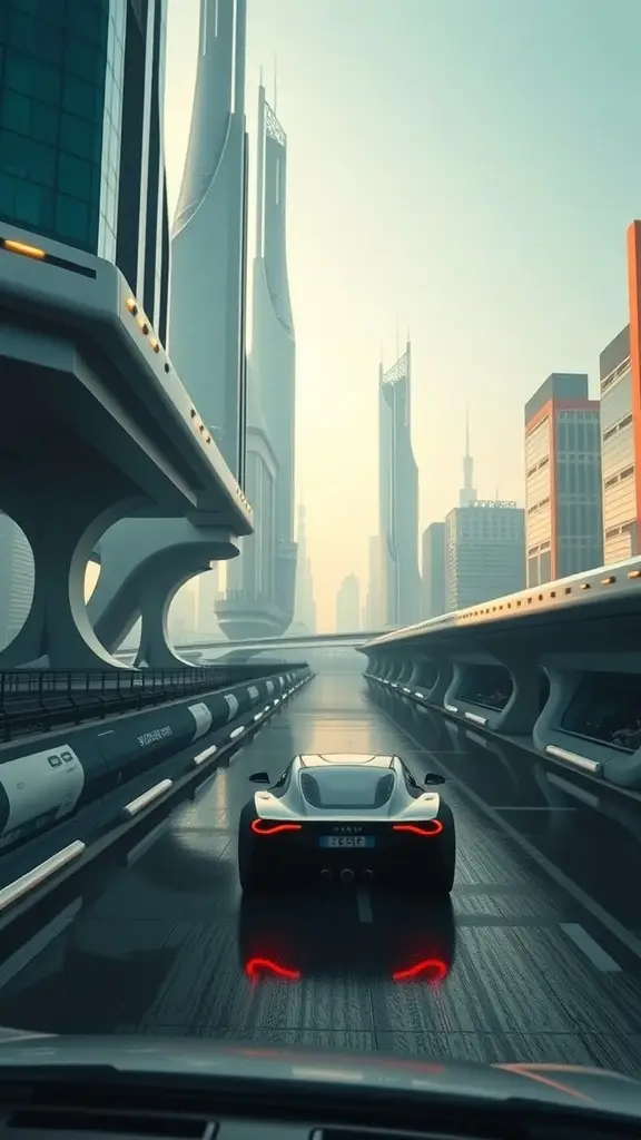 Rimac Nevera driving in a futuristic floating city with tall buildings and advanced infrastructure.
